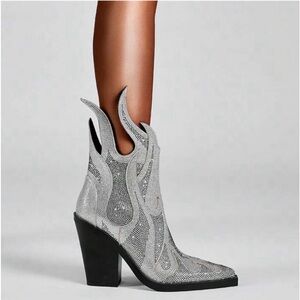 New Shimmer Silver and Black Heeled Boots with Western Flair